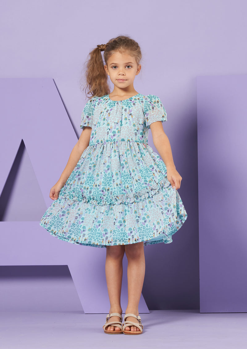 Girls Floral Printed Woven Blue Dress with Puff Sleeves