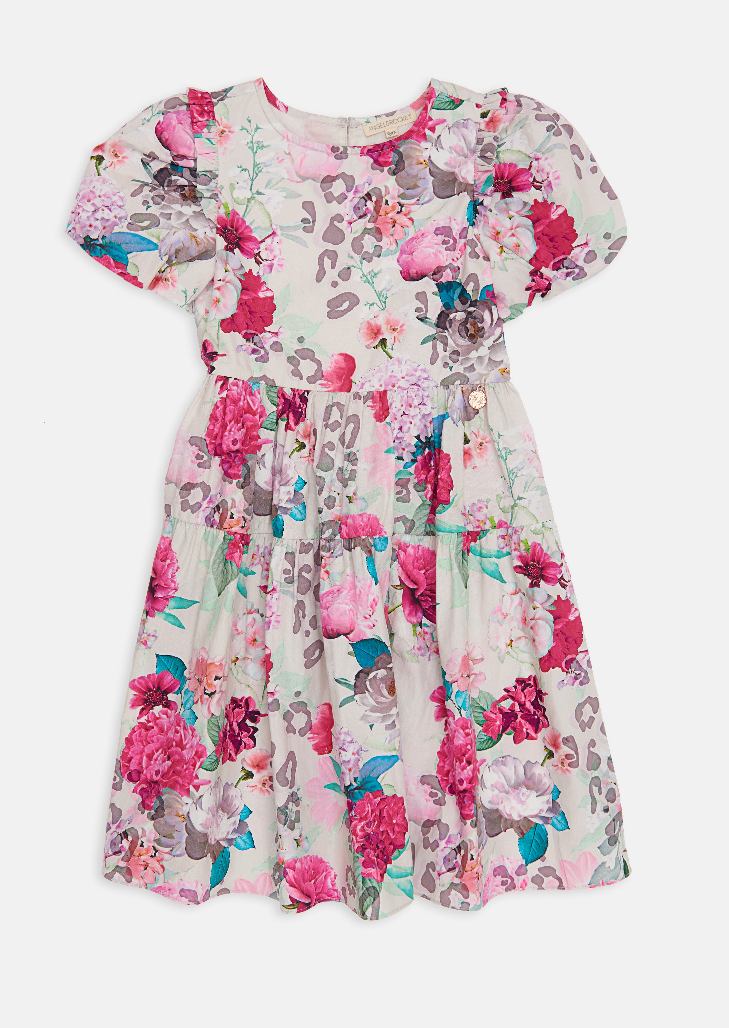 Girls Puff Sleeves with Floral Printed Pink Dress