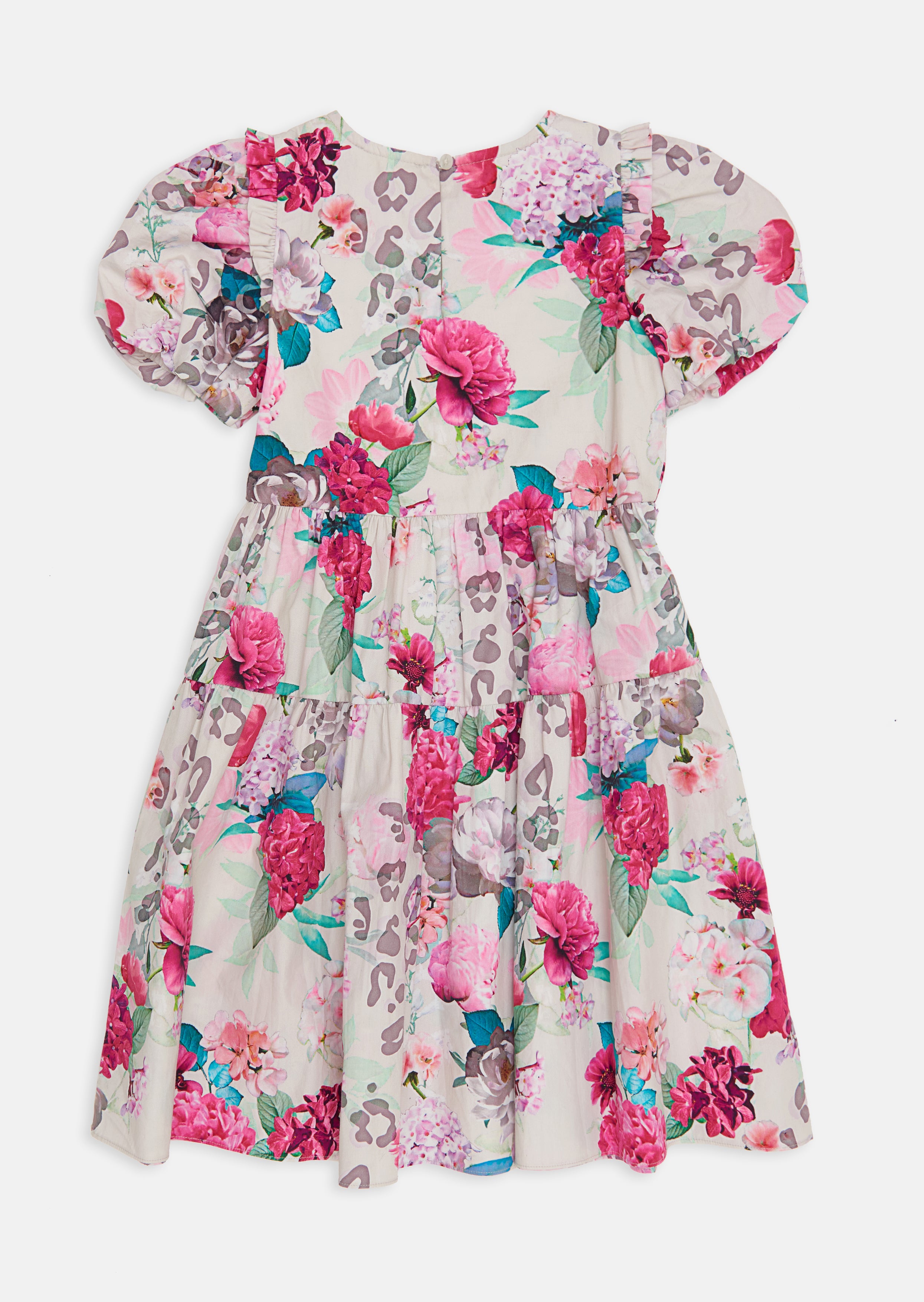 Girls Puff Sleeves with Floral Printed Pink Dress