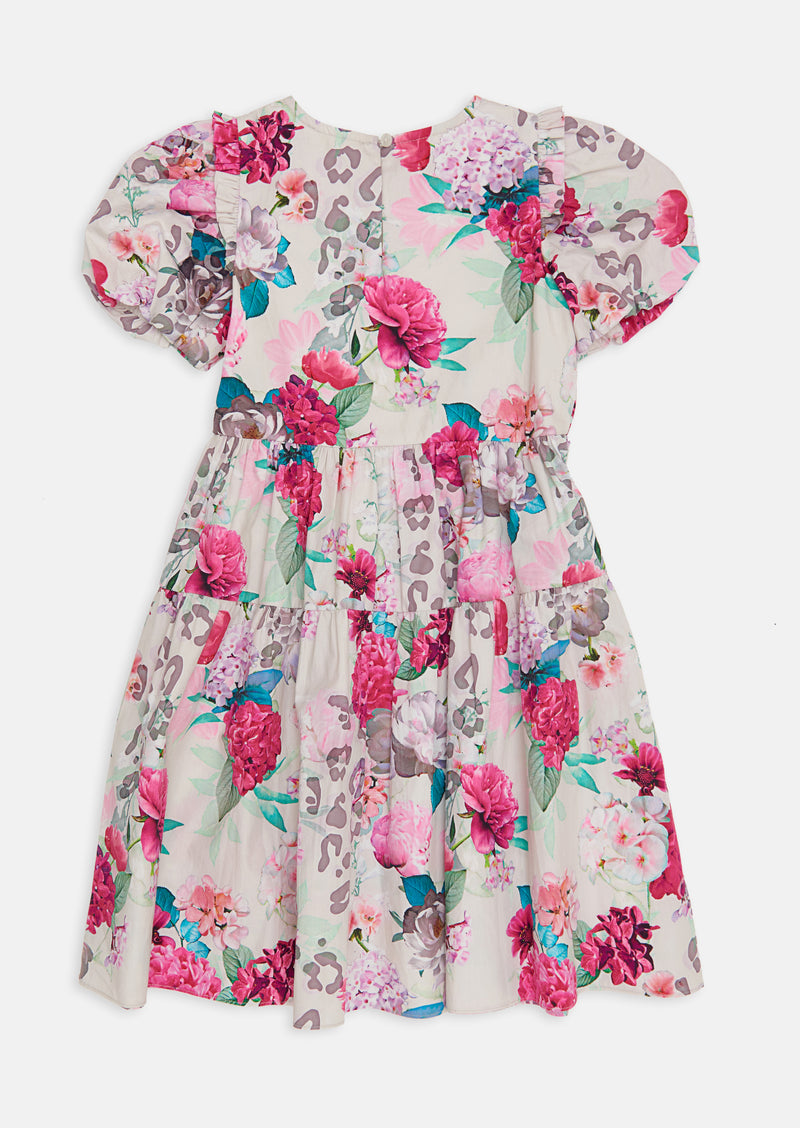 Girls Puff Sleeve with Floral Printed Pink Dress