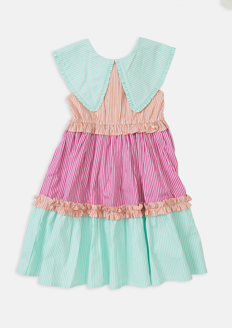 Girls Color Block Cotton Tiered Dress