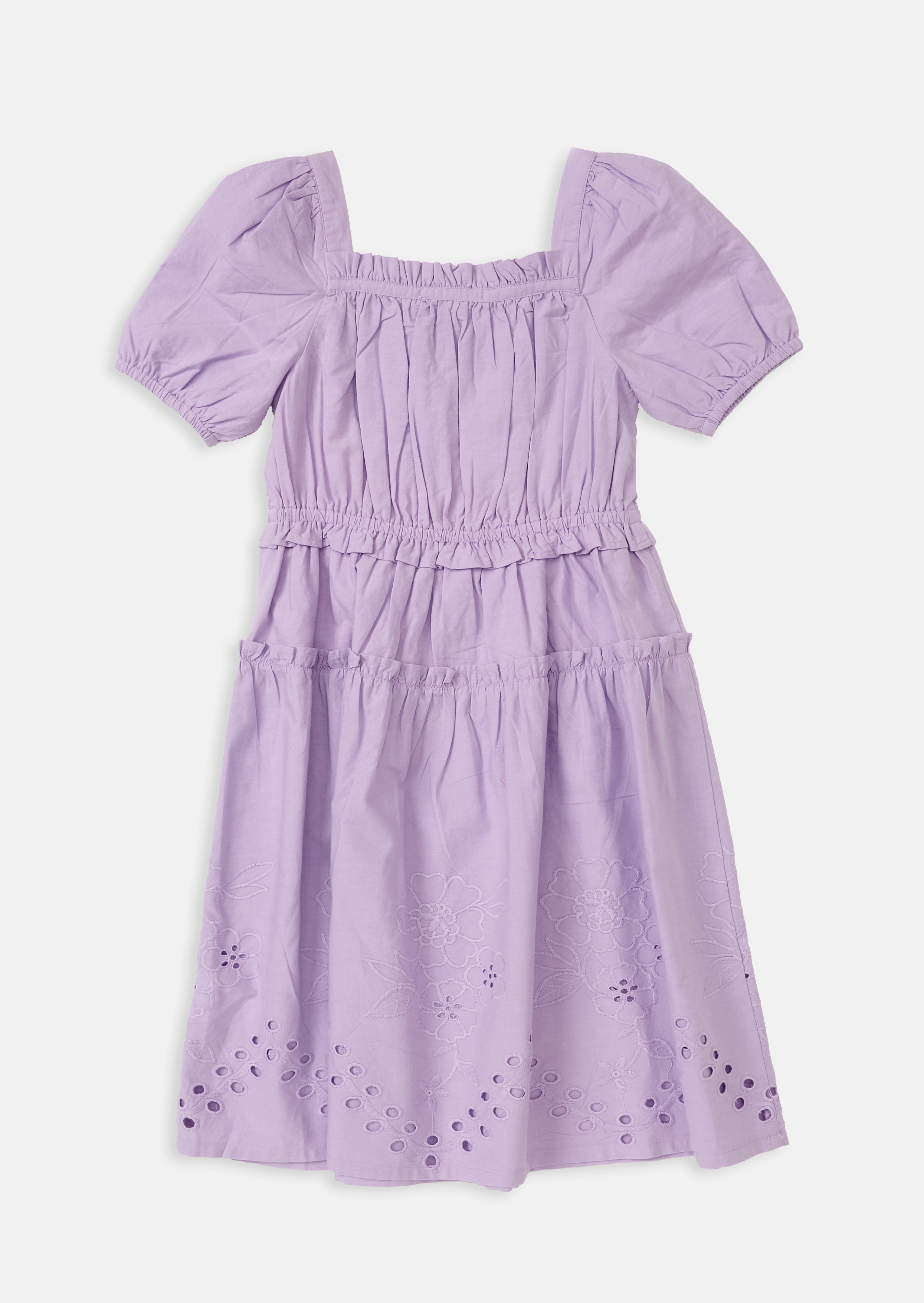 Girls Floral Embroidered Violet Dress with Puff Sleeves