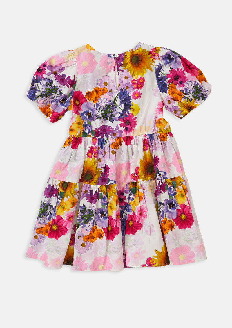 Girls Floral Printed Cotton Dress with Puff Sleeves