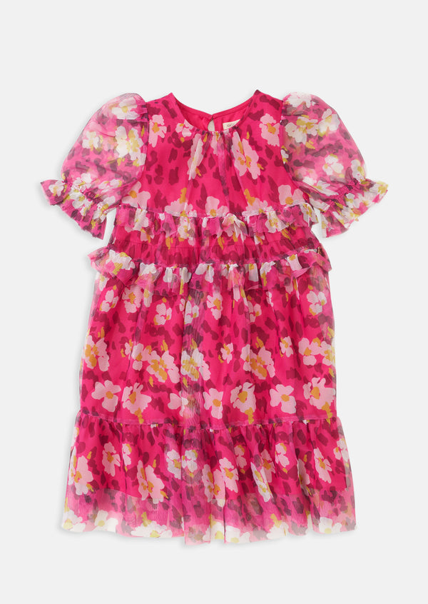 Girls Floral Printed Pink Mesh Dress with Puff Sleeves