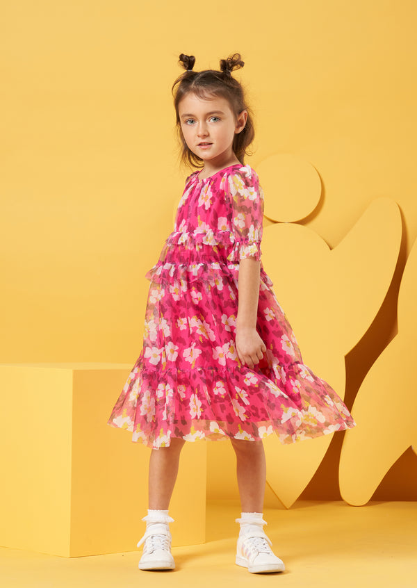 Girls Floral Printed Pink Mesh Dress with Puff Sleeves