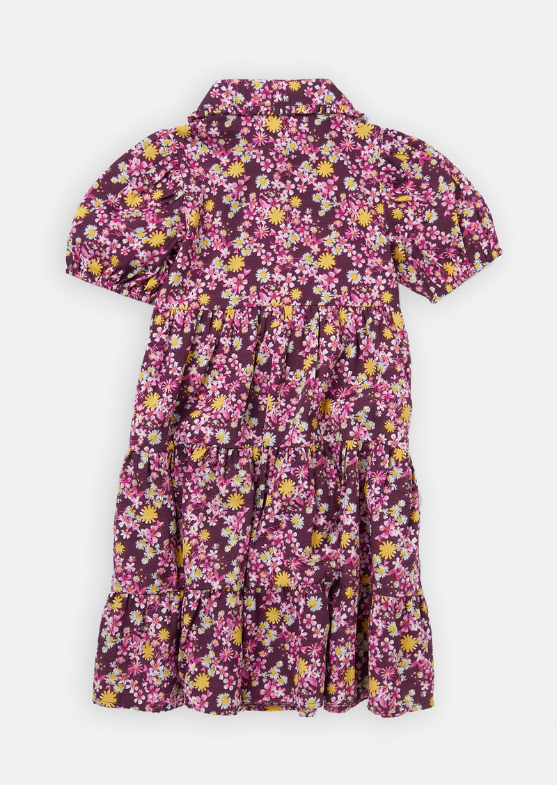 Girls Floral Printed Purple Shirt Dress