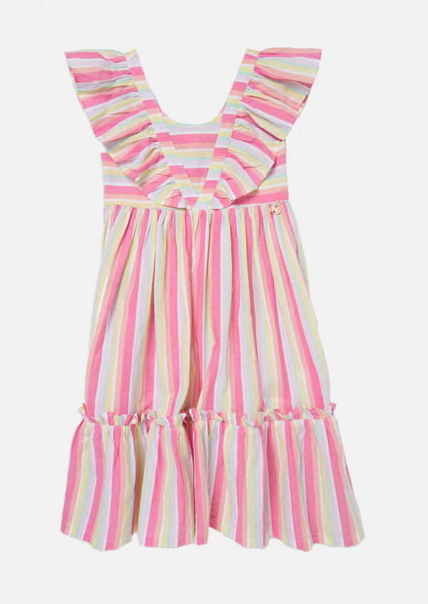 Girls Rainbow Striped Cotton Pink Dress