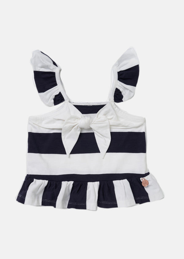 Girls White and Navy Striped Cotton Top