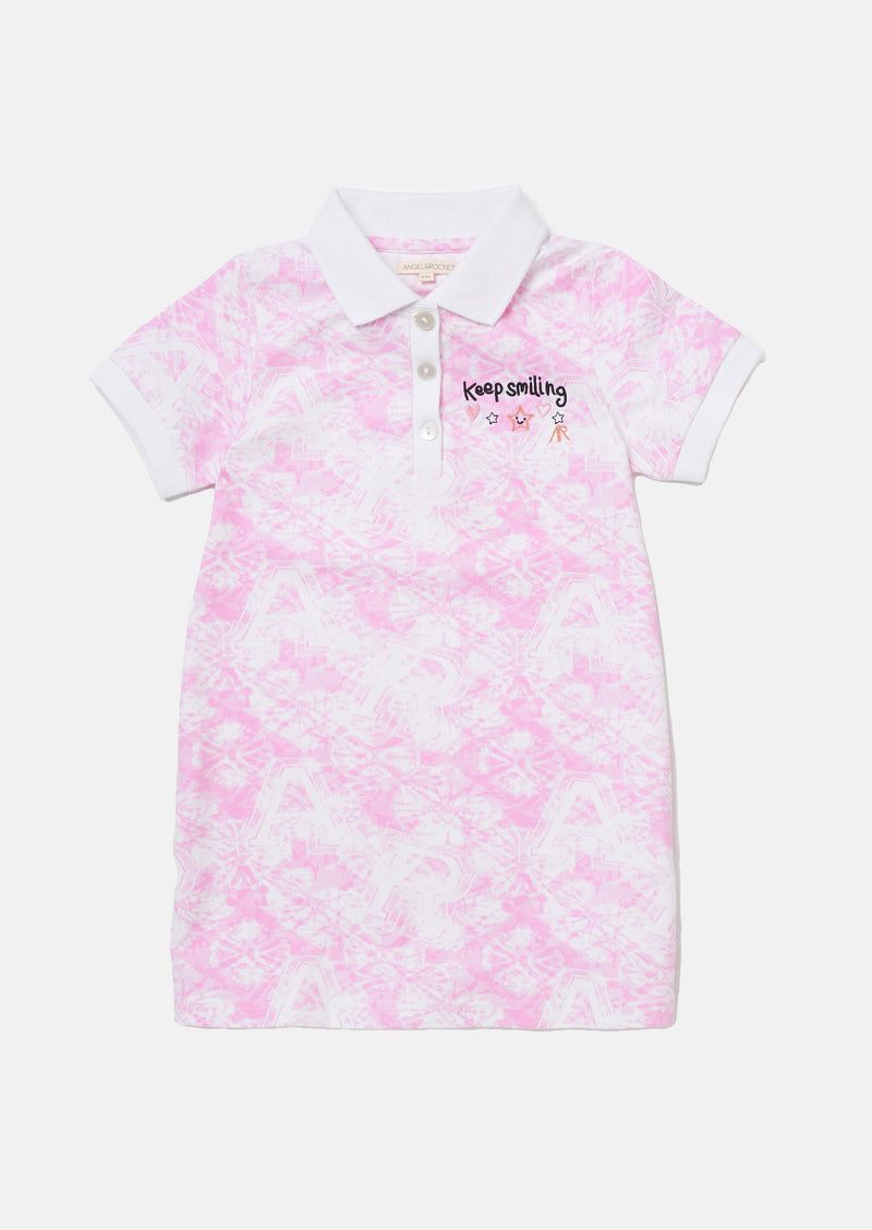Girls Tie Dye Printed Pink Polo Collar Dress