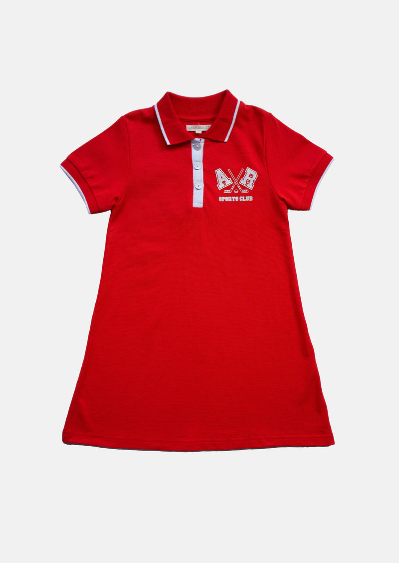 Girls Solid Red Polo Collar Dress