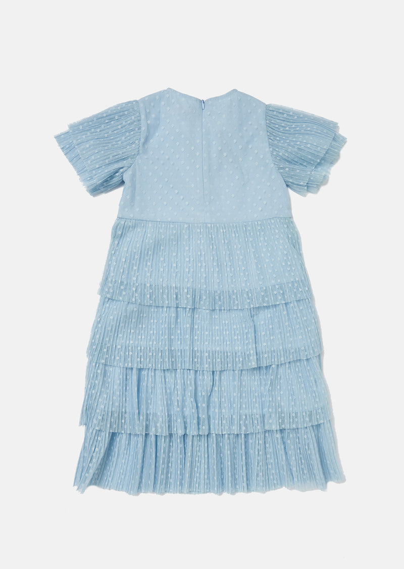 Girls Blue Spot Print Tiered Mesh Dress
