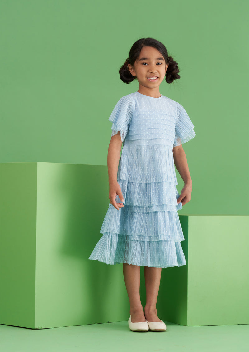 Girls Blue Spot Print Tiered Mesh Dress
