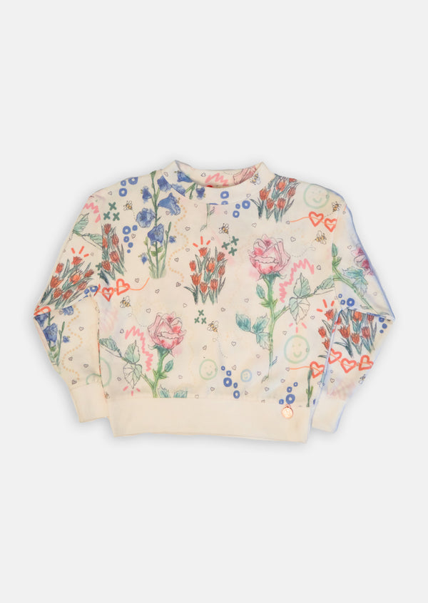 Girls Floral Printed White Sweater