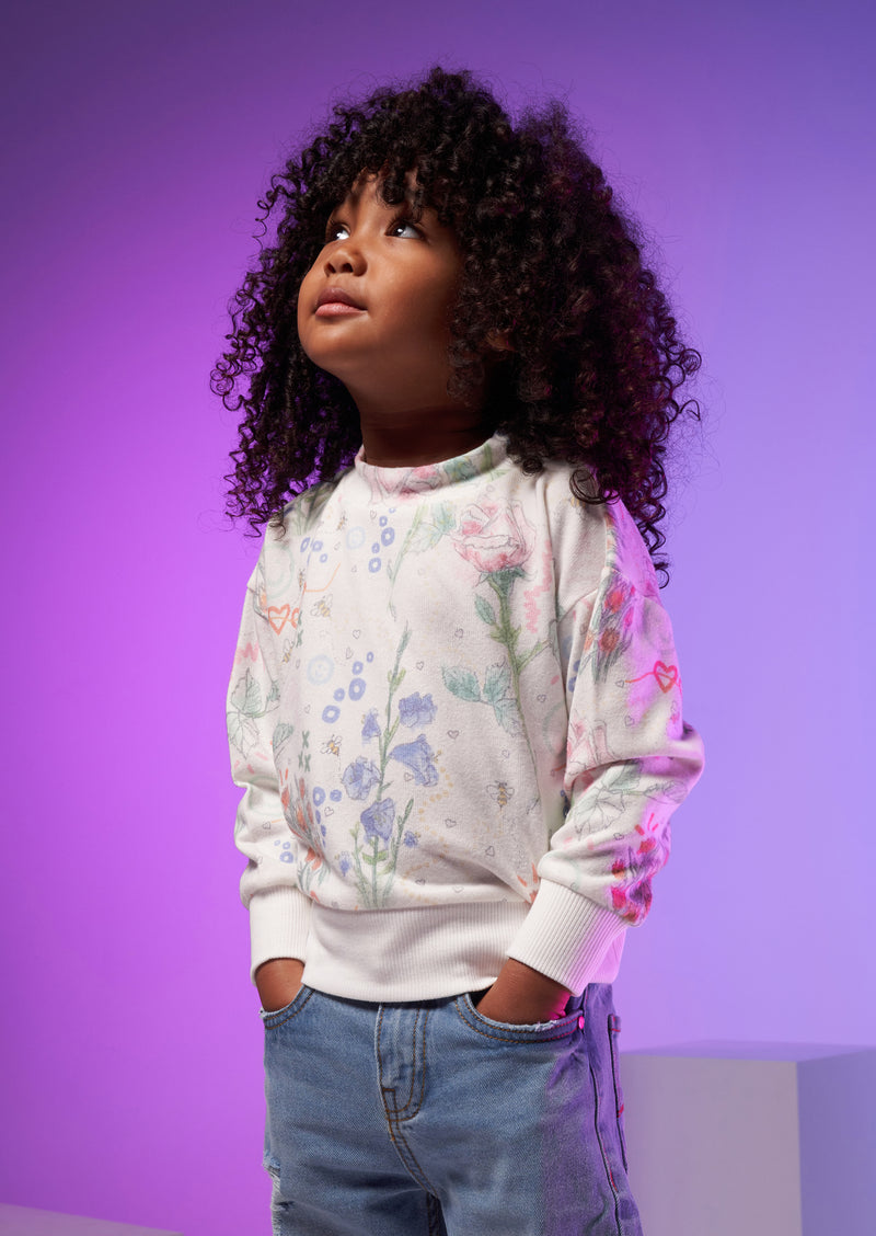Girls Floral Printed White Sweater
