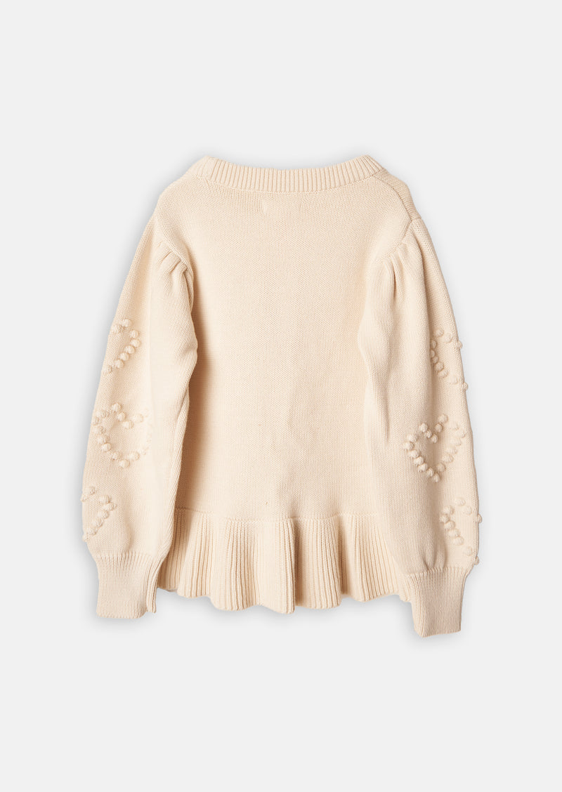 Girls Beige Bobble Heart Printed Sweater