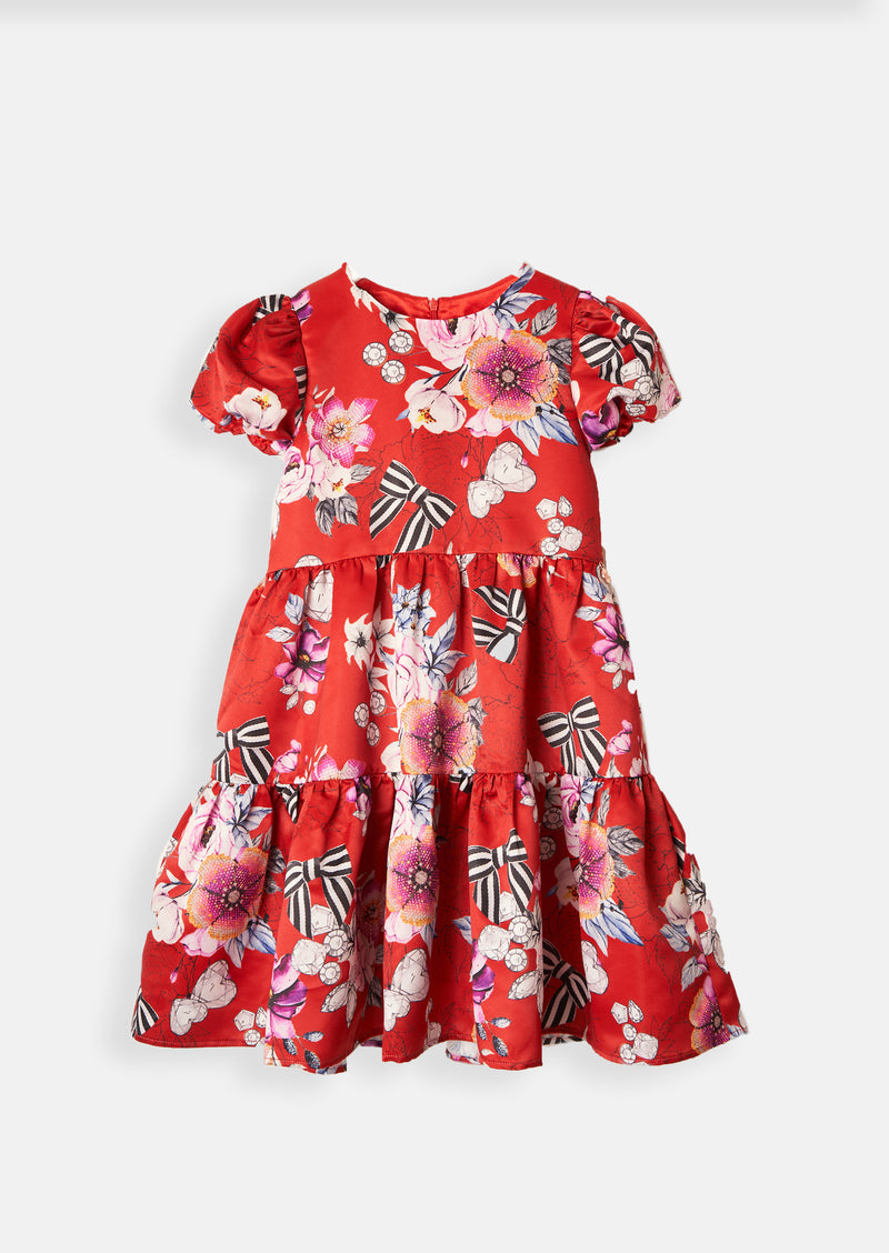 Girls Floral Printed Red Taffeta Dress with Puff Sleeves