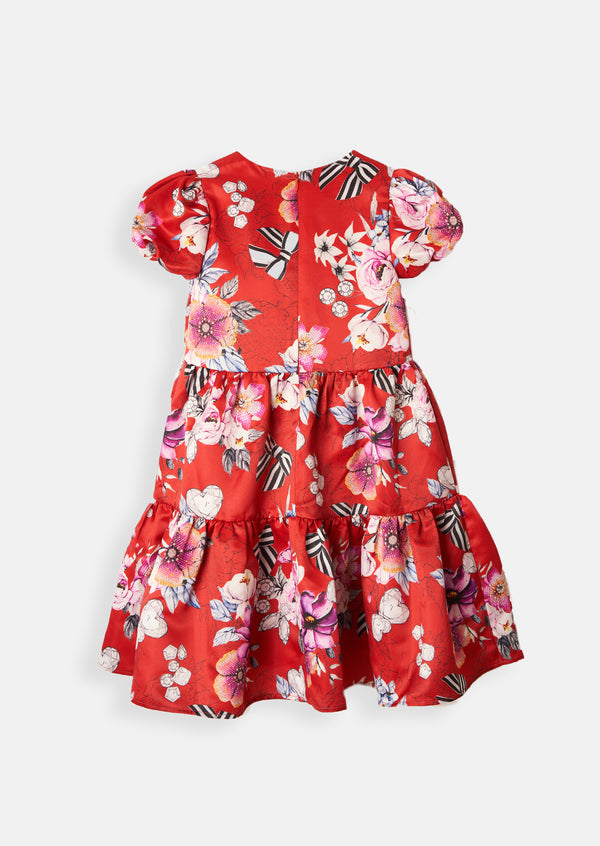 Girls Floral Printed Red Taffeta Dress with Puff Sleeves