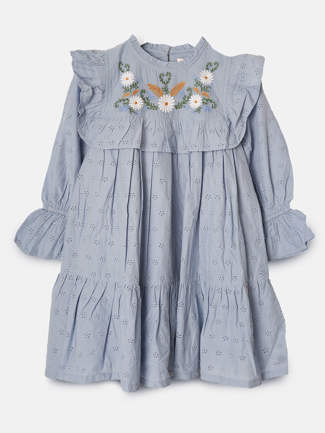 Girls Floral Embroidered Cotton Blue Dress