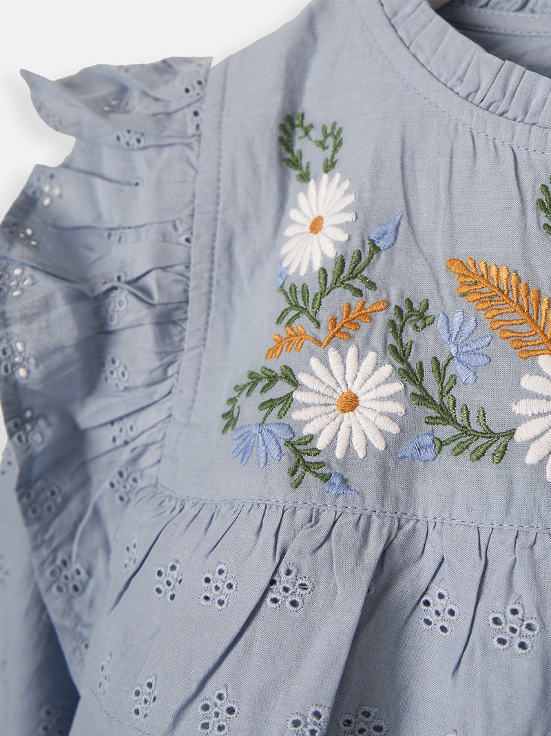 Girls Floral Embroidered Cotton Blue Dress
