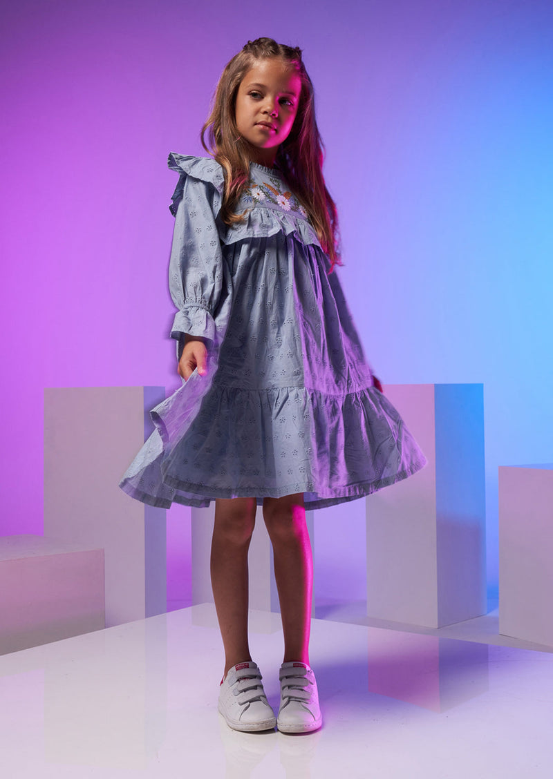 Girls Floral Embroidered Cotton Blue Dress
