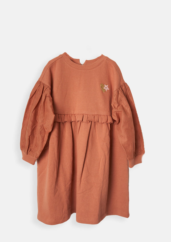 Girls Brown Embroidered Premium Sweat Dress