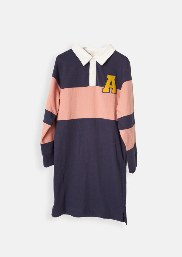 Girls Color Blocked Polo Collar Dress