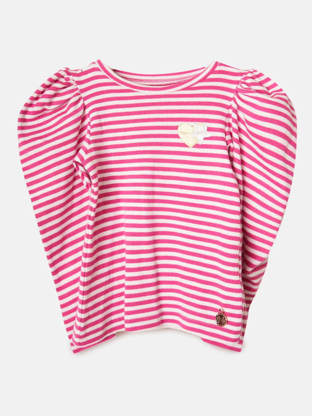 Girls Striped Full Sleeves Cotton Pink Top