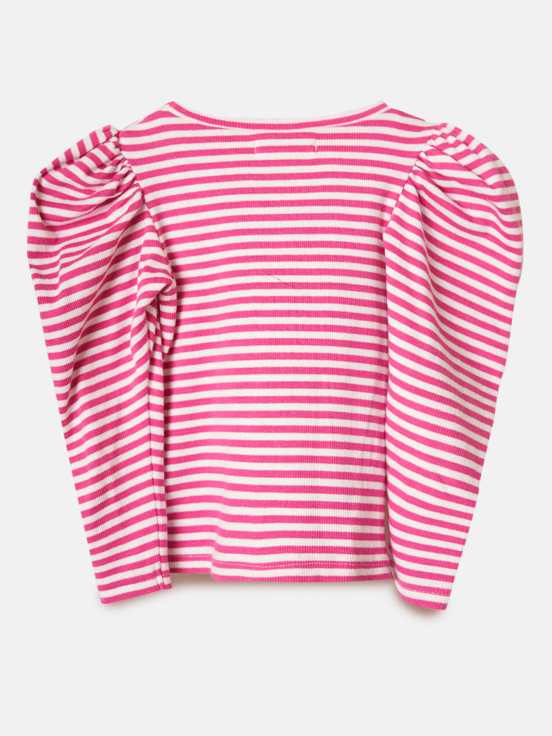Girls Striped Full Sleeve Cotton Pink Top