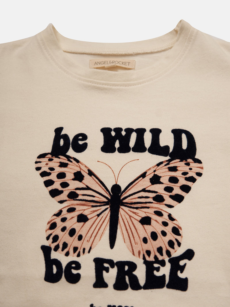 Girls Butterfly Printed Cotton Ivory T-Shirt