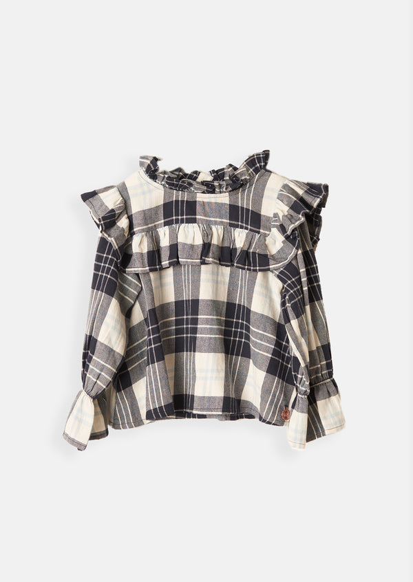 Girls White and Navy Checked Cotton Top