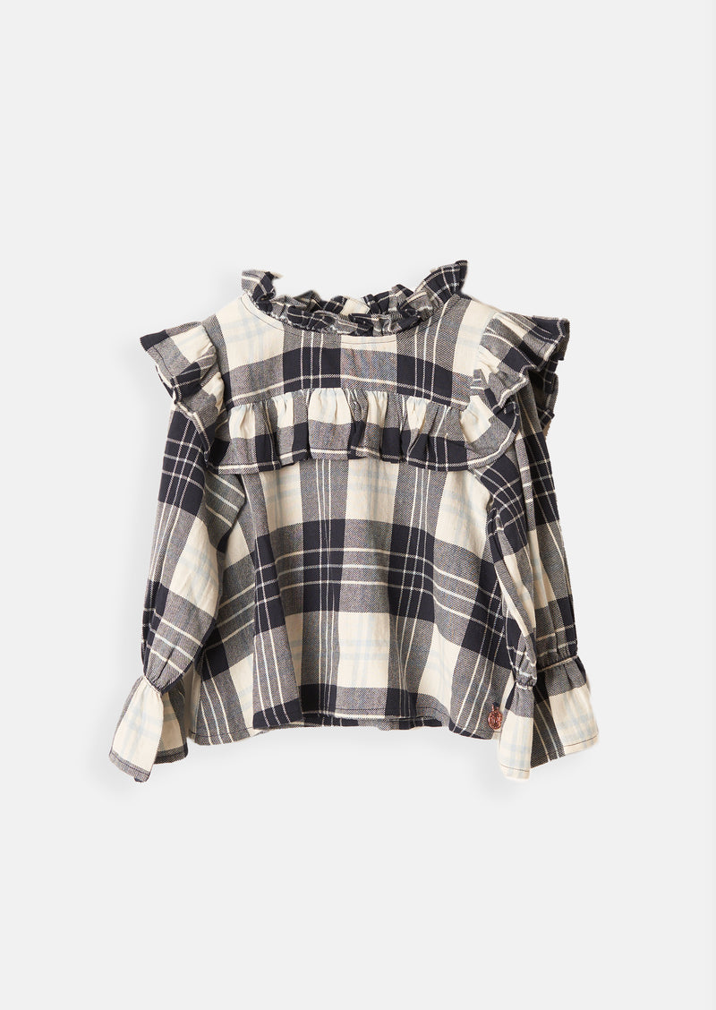 Girls White and Navy Checked Cotton Top