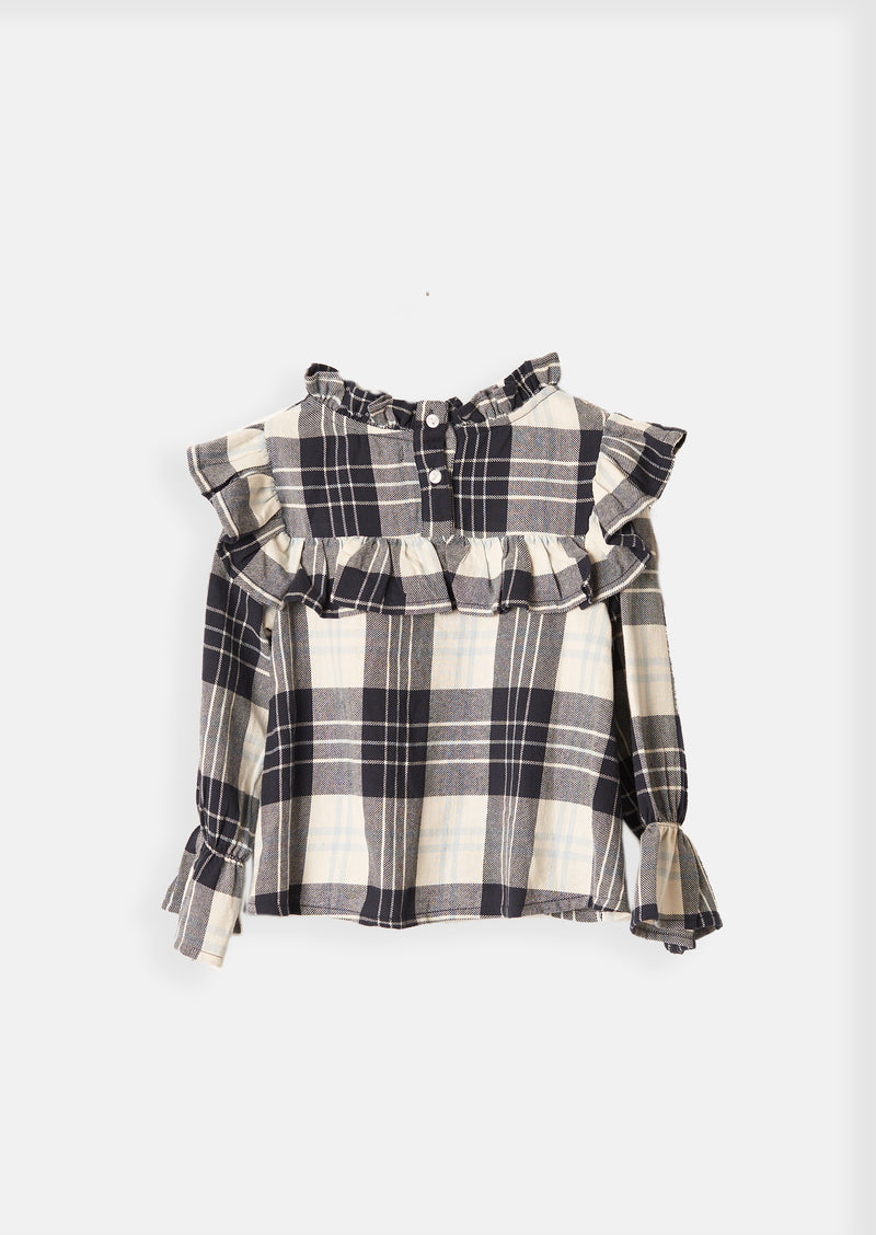 Girls White and Navy Checked Cotton Top
