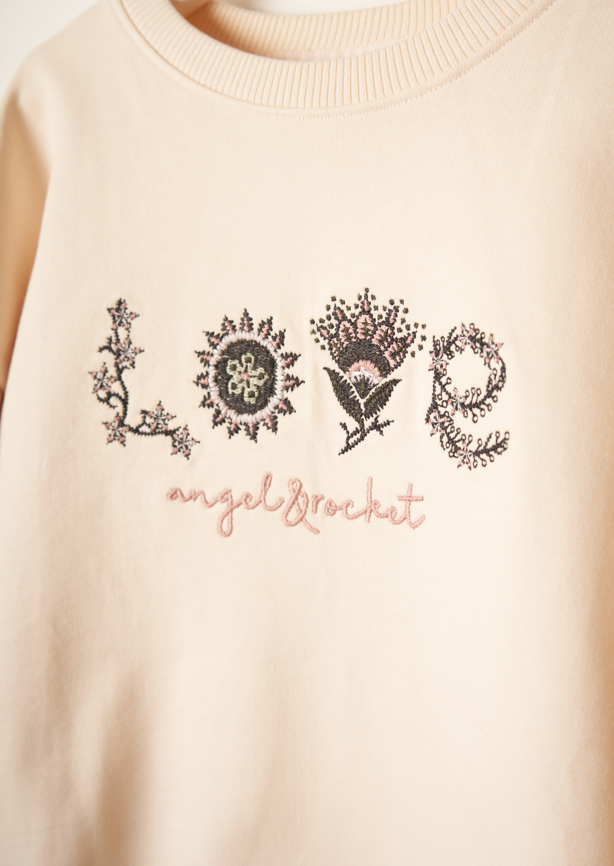 Girls Beige Love Embroidered Sweatshirt