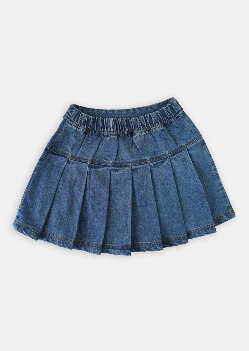 Girls Blue Denim Pleated Mini Skirt