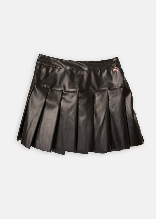 Girls Black Leather Look Pleated Mini Skirt