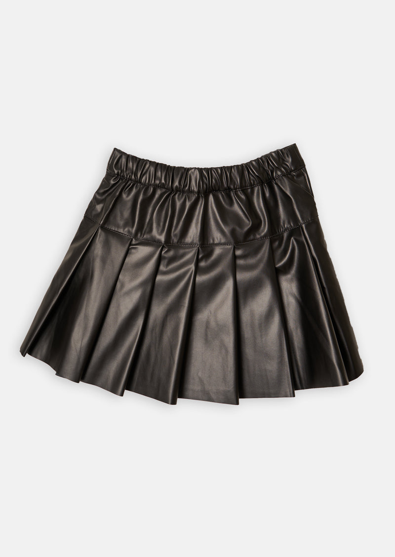 Girls Black Leather Look Pleated Mini Skirt