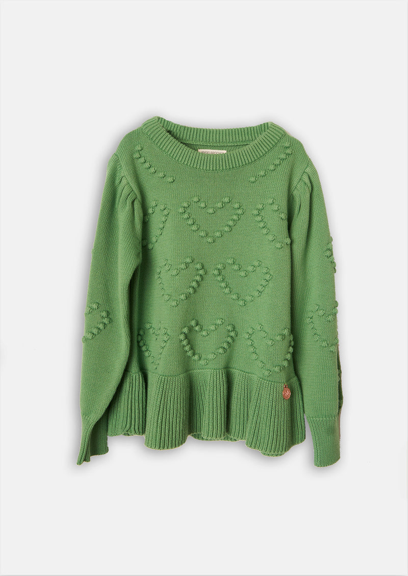 Girls Bobble Heart Printed Green Sweater