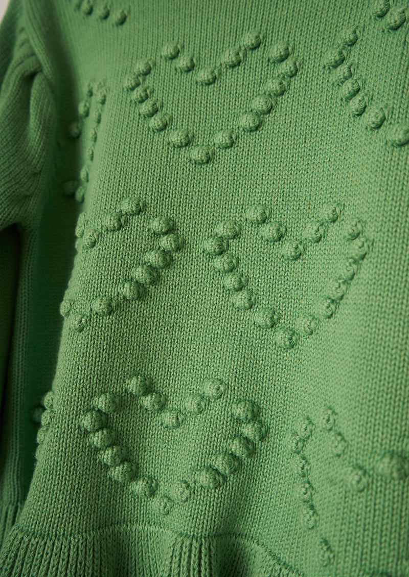 Girls Bobble Heart Printed Green Sweater