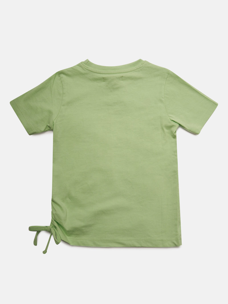 Girls Pretty Printed Cotton Green T-Shirt