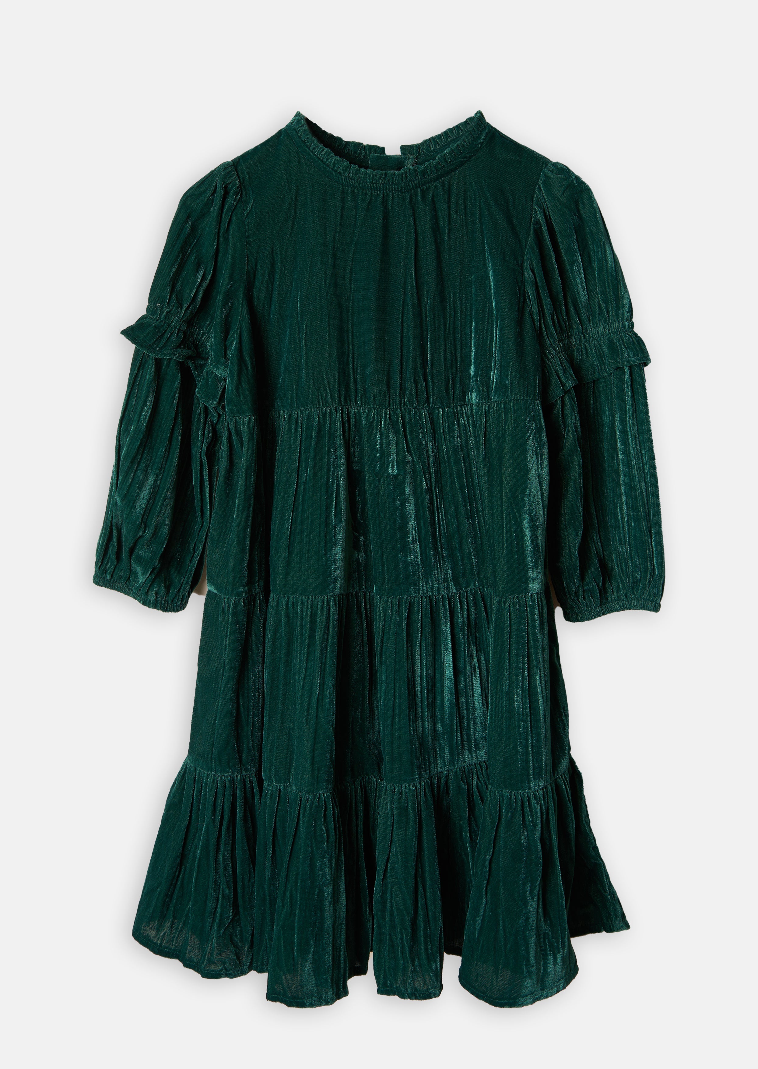 Girls Green Velvet Tiered Premium Dress