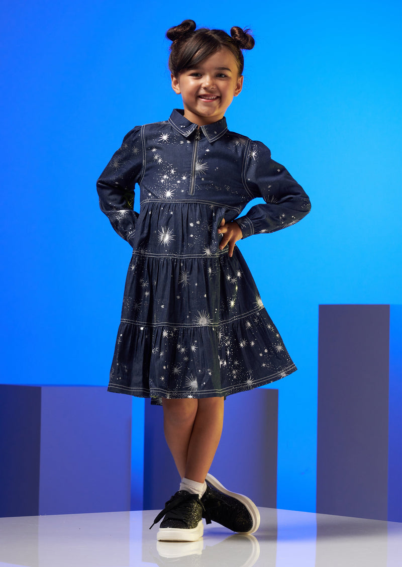 Girls Blue Sparkle Foil Printed Premium Dress
