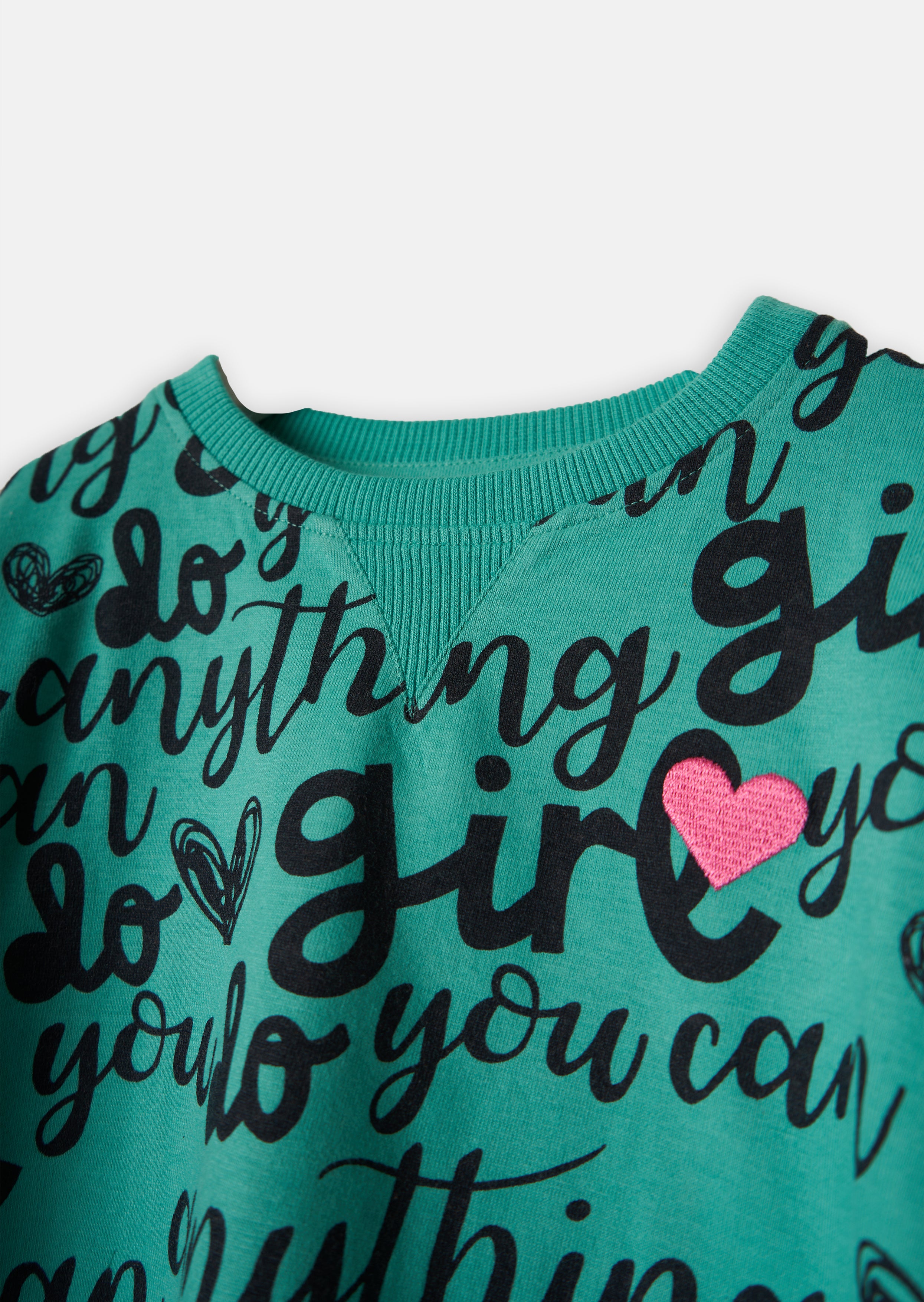 Girls Slogan Printed Cotton Green Sweatshirt