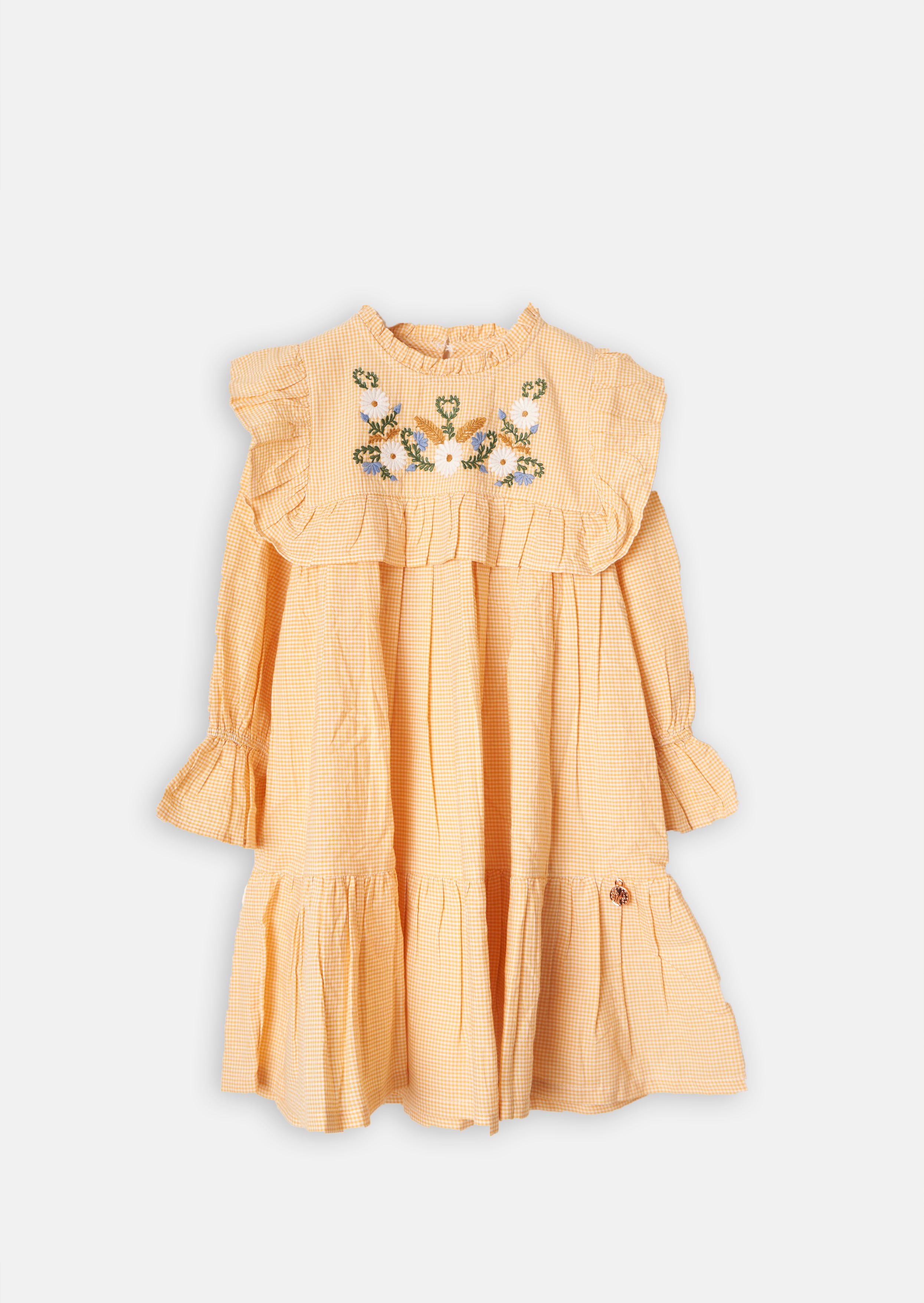 Girls Cotton Yellow Floral Embroidered Dress