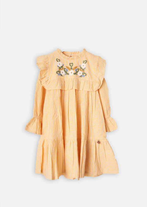 Girls Cotton Yellow Floral Embroidered Dress