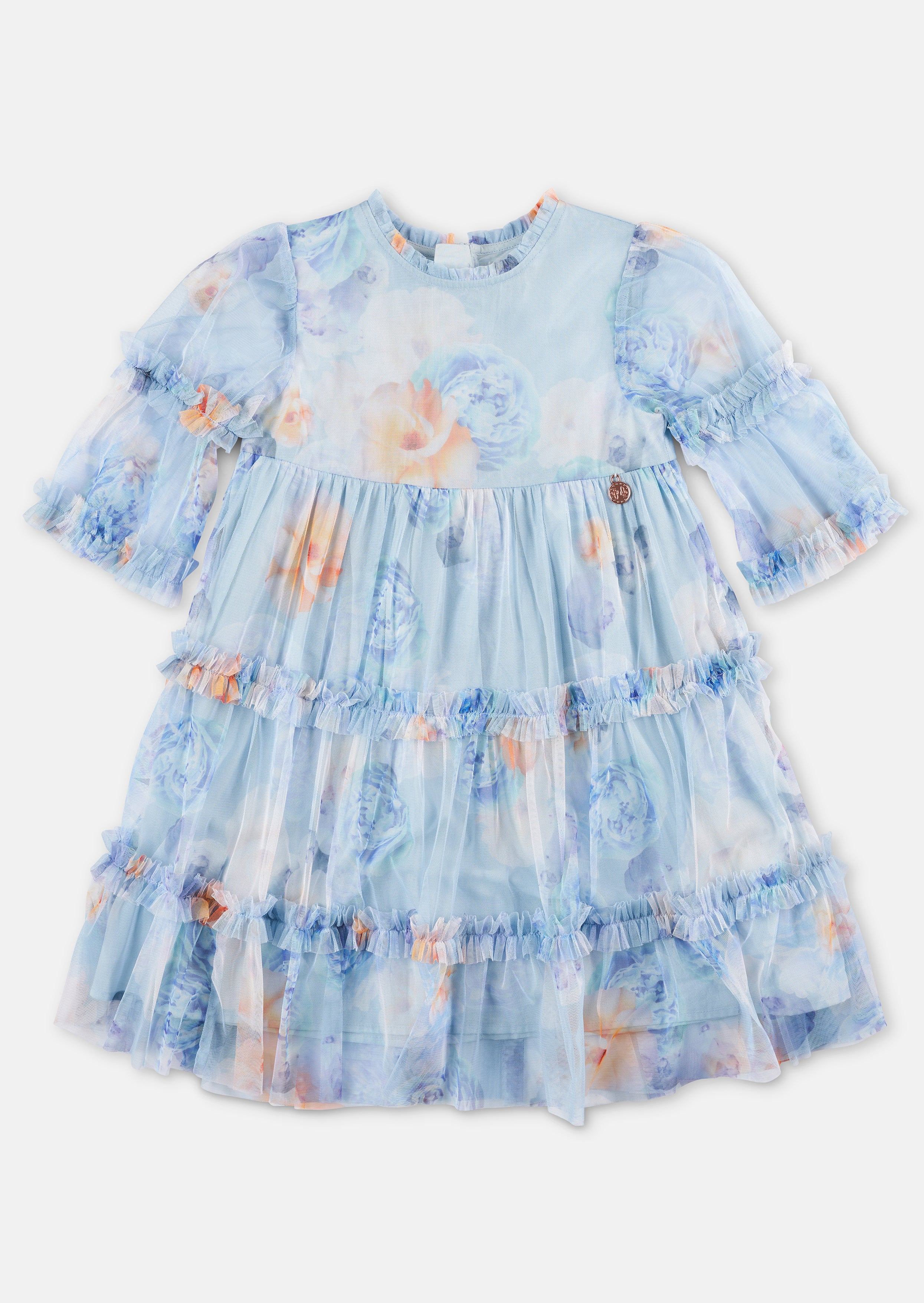 Girls Floral printed Blue Mesh Dress with Puff Sleeves