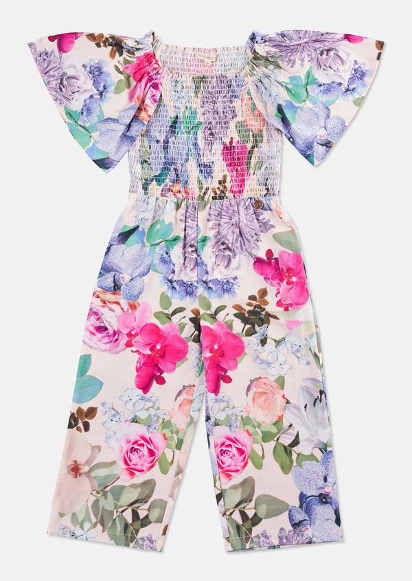 Girls Floral Printed Jumpsuit with Angel Sleeves