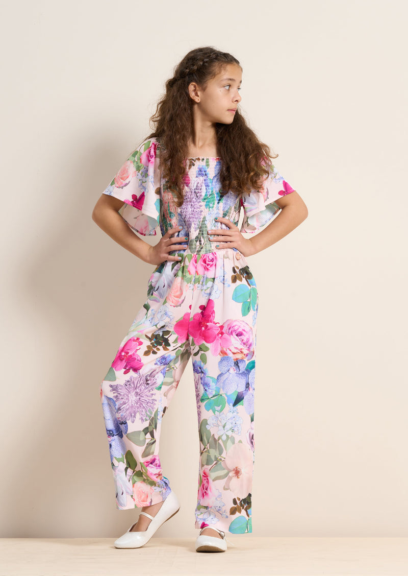 Girls Floral Printed Jumpsuit with Angel Sleeves