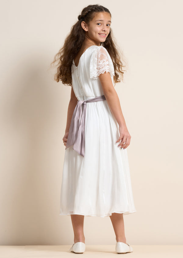 Girls White Premium Dress with Embroidered Sleeves
