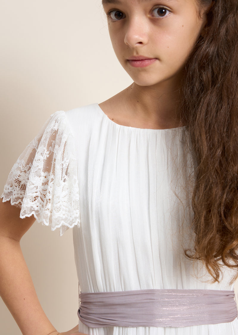 Girls White Premium Dress with Embroidered Sleeves