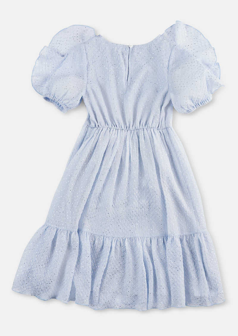 Girls Blue Self Textured Premium Dress